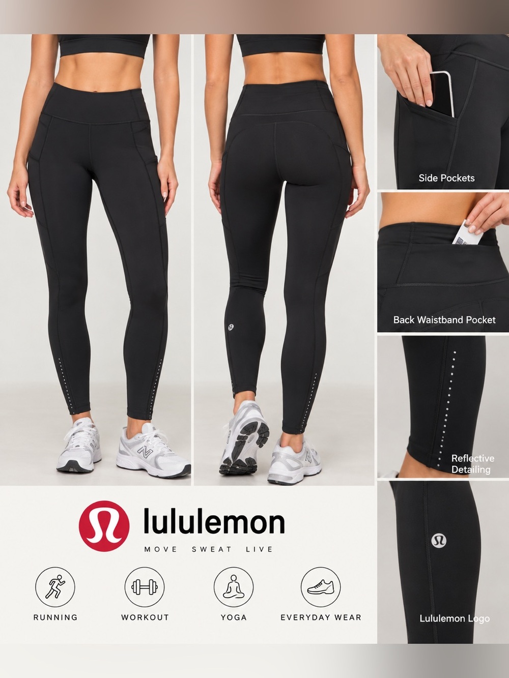 Lululemon Black Running Leggings Size 6 Reflective Pockets Full Length